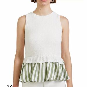 En Saison White Knit Tank with Green Stripe Peplum
